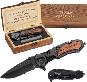LOVE YOU MORE Engraved Pocket Knife Gift Set | Wood Gift Box & EDC Knife with Serrated Edge & Clip | Multi-Function Outdoor Tool for Camping, Hik