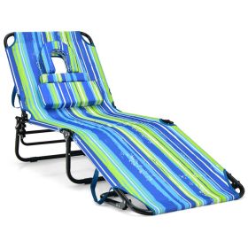 Beach Chaise Lounge Chair with Face Hole and Removable Pillow (Color: Blue & Green)